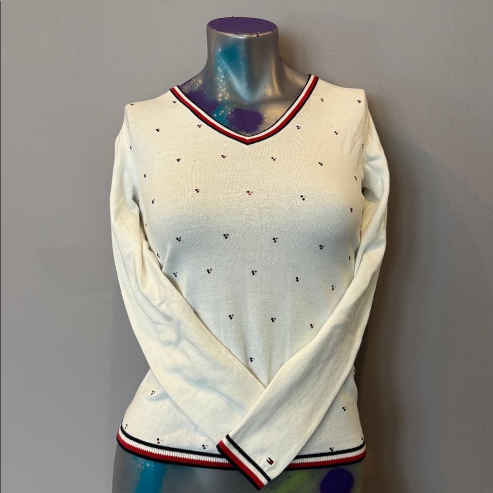 Tommy Hilfiger Cream V-Neck Sweater with Red and Black Trim